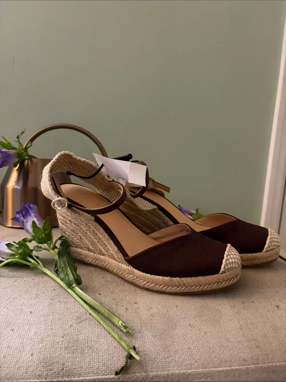 LOFT Brown and Cream Espadrille Wedge Sandals with Ankle Strap